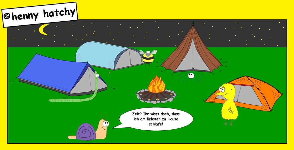 Henny hatchy Sniggel Wyrm Plumbee jimjams Kken Spinne Schnecke Hummel Regenwurm Wurm Comic Cartoon Zelt Zelte Camping zelten Lagerfeuer Hauszelt 