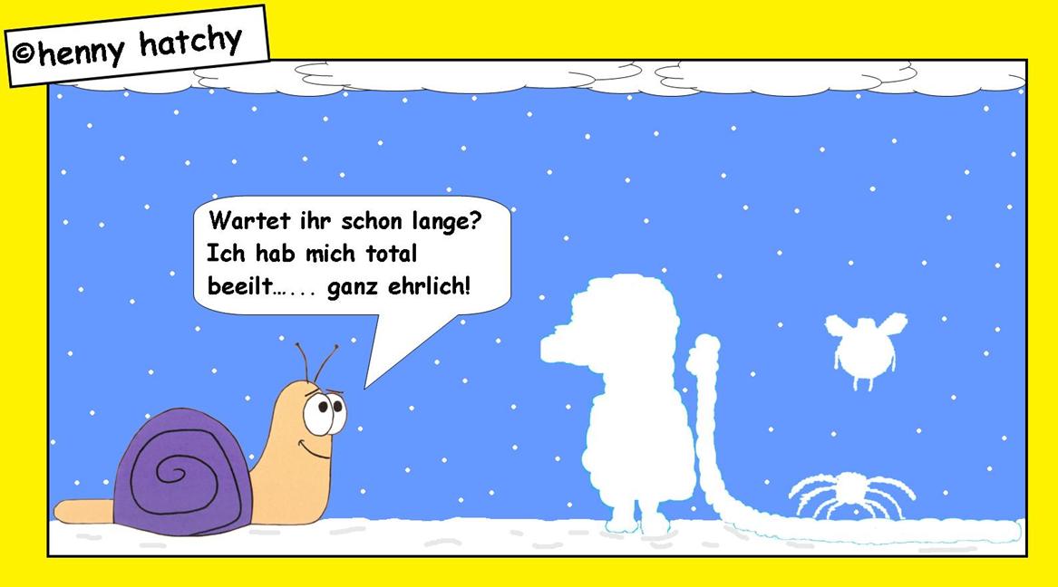 henny hatchy Henny hatchy Sniggel Wyrm Plumbee jimjams Küken Spinne Schnecke Hummel Regenwurm Wurm Comic Cartoon Schnee Schneeskulptur skulptur warten zu spät langsam beeilen beeilt aus der Puste eingeschneit geschneit Schneeflocken eingefroren frieren kalt Kälte Schneewehen verwehung eis eiskalt eisskulptur 