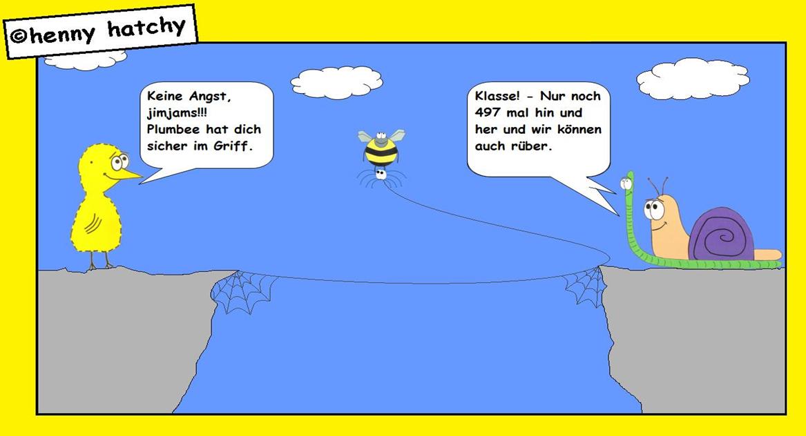 henny hatchy Henny hatchy Sniggel Wyrm Plumbee jimjams Küken Spinne Schnecke Hummel Regenwurm Wurm Comic Cartoon Felsen Felsspalte hoch tief fallen vorsicht höhenangst fliegen tragen Spinnennetz brücke Faden Fäden Hängebrücke lassen Angst windig Sicher Wolken Wolke Wind 