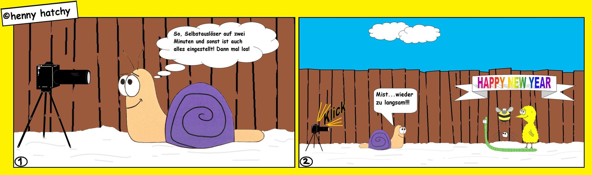 henny hatchy Henny hatchy Sniggel Wyrm Plumbee jimjams Küken Spinne Schnecke Hummel Regenwurm Wurm Comic Cartoon Kamera Selbstauslöser schnell langsam Happy new year Neujahr Sylvester Frohes neues Foto Zaun Schnee Blitz klick Wolke Wolken Himmel Blau