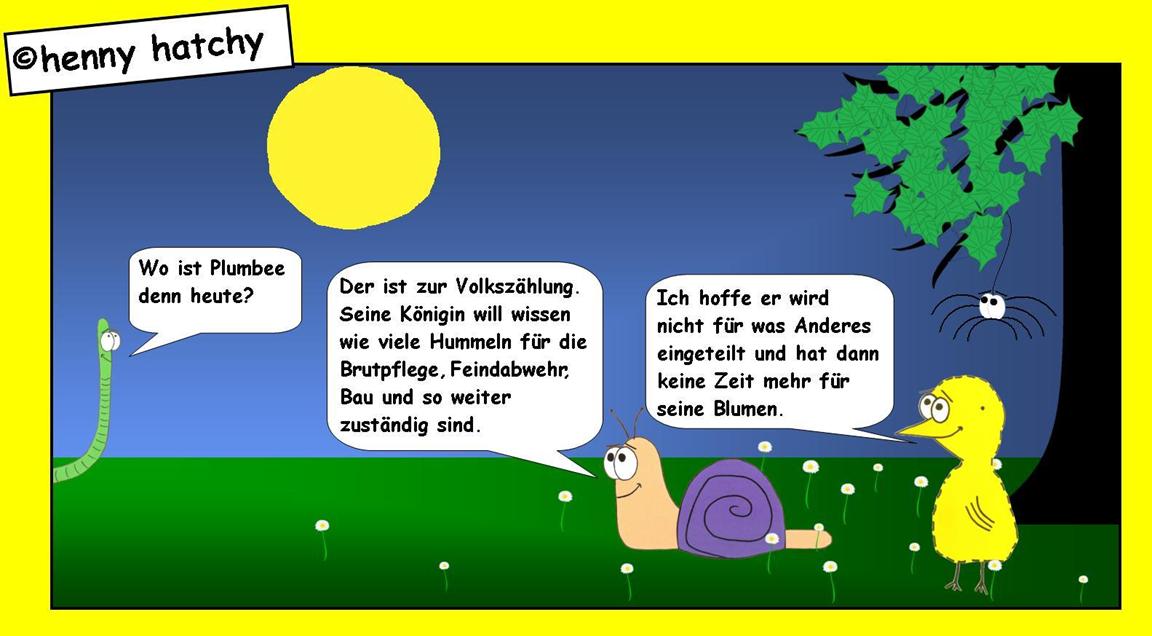 henny hatchy Henny hatchy Sniggel Wyrm Plumbee jimjams Küken Spinne Schnecke Hummel Regenwurm Wurm Comic Cartoon Volkszählung Königin Brutpflege Feindabwehr Bau Blumen Wolk Hummelvolk einteilung einteilen Baum Blätter Sonne  Gänseblümchen Daisy Daisys fragen vermissen 