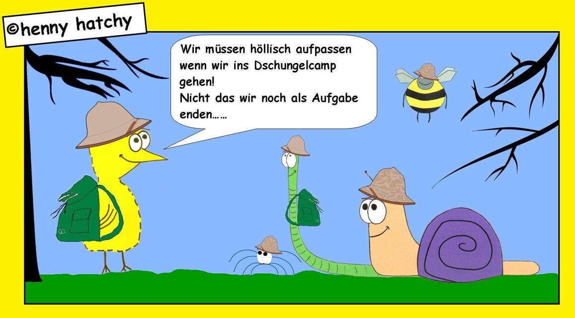 henny hatchy Henny hatchy Sniggel Wyrm Plumbee jimjams Kken Spinne Schnecke Hummel Regenwurm Wurm Comic Cartoon Dschungelcamp Camp Dschungel Jungle Junglecamp Jungelcamp RTL 2 Sonja Zietlow Dirk Bach Promis Prominent Fernsehen Helm Tropen Tropenhelm Trooper Tarn Tarnung Tarnhelm Aufgaben Aufgabe Insekten Tiere kleine Spinnen essen eklig Schlecht bergeben kotzen lustig witzig humorvoll Wrmer Schnecken Maden 