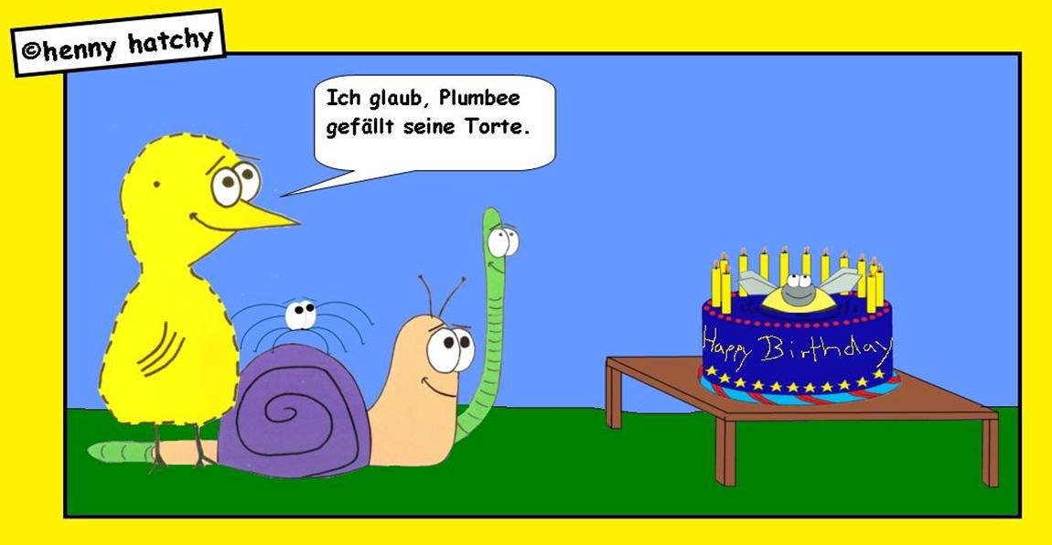 Henny hatchy Sniggel Wyrm Plumbee jimjams Kken Spinne Schnecke Hummel Regenwurm Wurm Geburtstag Torte Geburtstagstorte Kerze Kerzen Happy Birthday Tortenschlacht Comic Cartoon