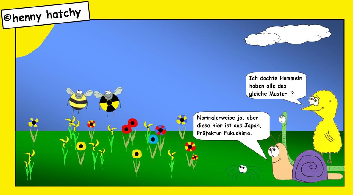henny hatchy Henny hatchy Sniggel Wyrm Plumbee jimjams Küken Spinne Schnecke Hummel Regenwurm Wurm Comic Cartoon Präfektur Fukushima Japan Atom strahlung verstrahlt strahlen Atomunglück Blumen Muster Gen Gendefekt Genveränderung DNS DNA Wolken Wolke Japaner Insekten Natur Umwelt Katastophe Kernschmelze Uran Zeichen Sign veränderung verändert