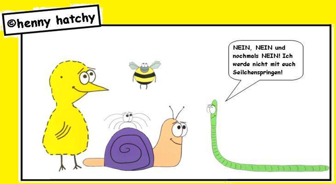 henny hatchy Seilchenspringen Seilchen springen Henny hatchy Sniggel Wyrm Plumbee jimjams Kken Spinne Schnecke Hummel Regenwurm Wurm Comic Cartoon Seilchenspringen spielen Seil springen